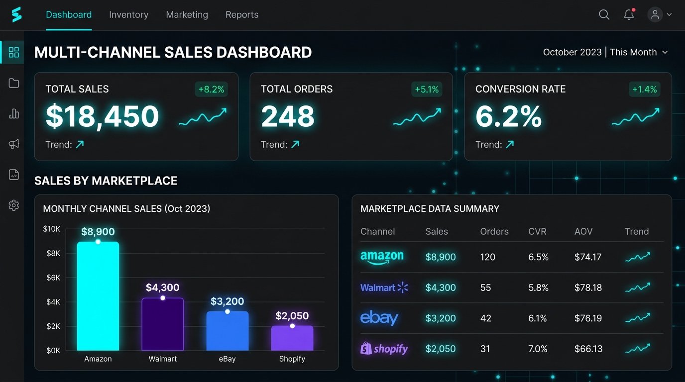 Multi-channel dashboard showing sessions, total sales, orders and conversion rate